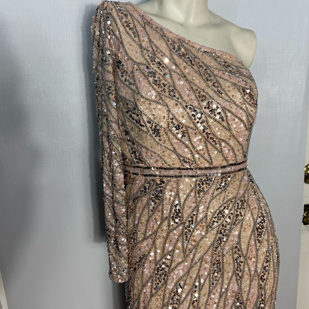 Mac Duggal EMBELLISHED ONE SLEEVE GOWN W/ SEQUIN BELT 8 / 14 - Picture 2 of 12